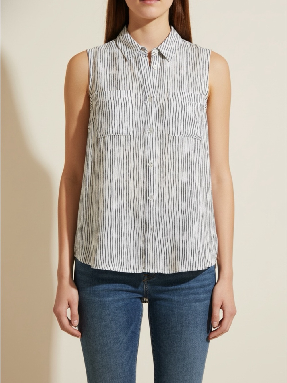 Sleeveless Button-Front Striped Shirt - White/Gray